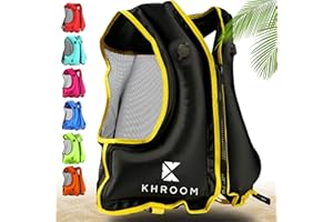 Khroom Chaleco de natación Hinchable Conforme a la última Norma de la EU | 150-210 cm de Altura Corporal, hasta 100 kg | Chaleco de flotabilidad para Adultos | Snorkel, Kayak y Sup (V2 Negro)