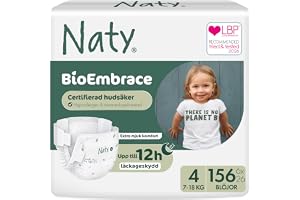 Naty BioEmbrace Blöjor Storlek 4 (7–18kg), 156 stycken | Hypoallergen för känslig hud, Upp till 12h läckageskydd, Absorberande, Växtbaserad mjukhet, Premium komfort, Parfymfri