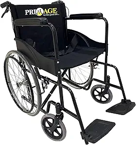 Primage Premium Folding Spoke Wheel Medequip Wheelchair Detachable Footrest, Dual Brakes & Seat Belt for Extra Protection - Black