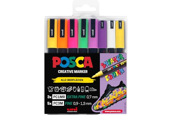POSCA 186828 - Set de marqueurs POSCA pour sneakers, étui de 8, couvrants sur surfaces foncées