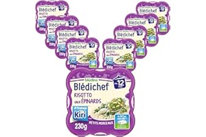 Blédina - Blédichef - Repas Bébé 12 Mois - Plats Bébé - Risotto aux Epinards et fromage Kiri - Petits Morceaux - Dès 12 Mois - 9 Assiettes de 230g