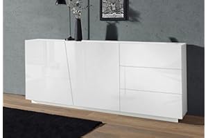 Dmora Credenza moderna a 2 ante e 3 cassetti, Made in Italy, Madia da cucina, Buffet di design da soggiorno, cm 180x43h86, colore Bianco lucido