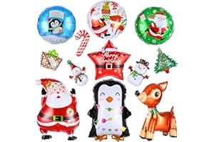 Kesote 12pcs Christmas Foil Balloons Christmas Decoration Indoor Santa Clause Xmas Trees Pattern Balloons for Party Supplies Xmas Gifts (including straws and straps)