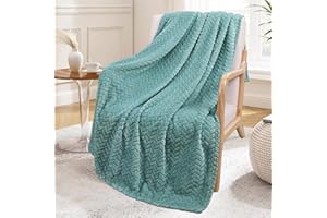 Exclusivo Mezcla Large Flannel Fleece Throw Blanket, 127x178 CM Sofa Throws, Soft Jacquard Weave Leaves Pattern Throws for Sofa, Celadon Blanket