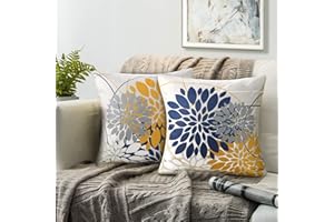 RYBORNAMENT Fundas Almohadas 18x18 Pulgadas Fundas Cojines Dalia Funda Cojin Juego De 2 Casa De Campo Funda Cojines Azul Marino Y Amarillo Geométrico Fundas De Cojines Por Sala De Estar Sofá Cojines Decoración