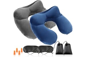 JOLIGAEA Cuscino da Viaggio Gonfiabile, 2 Pezzi Cuscino Collo con Tappi per le Orecchie e Maschera, Cuscino per il Collo da Viaggio, Portatile Cuscino Gonfiabile per Aereo Macchina Campeggio Casa