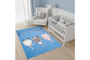 TAPISO Jolly Alfombra Habitación Infantil Bebe Moderna Azul Rosa Gris Blanco Gatos Notas Resistente Fina 80 x 150 cm