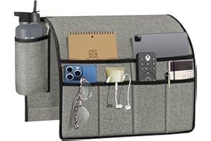 JOYWELL Light Grey Armchair Caddy Organizer with Bottle Holder and 7 Pocket Storage, Armrest Organizer Couch Recliner for Magazine, Tablet, Phone, iPad, Remote Contral Holder Sofa Arm Chair Caddie Linen Look