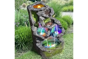 AMUR Zimmerbrunnen Gartenbrunnen Brunnen Zierbrunnen Brunnen Springbrunnen Vogelbad Fels-Kaskade mit RGB Licht 230V Wasserfall Wasserspiel für Garten, Gartenteich, Terrasse, Teich, Balkon Sehr Dekorativ