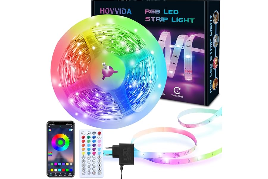 HOVVIDA Ruban LED 5m, LED Chambre, Bande LED, 150 LED, 30 LED/Mètre, LED 5m | 1x5m, 24V, APP et Télécommande, Synchronisation
