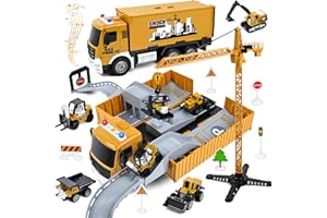 PATEMZON Véhicule Chantier Jouet Enfant, Jouets de Construction Enfants, Ensemble Camions de Chantier avec Son et Lumière, Grue à Tour, Excavateur, Fourchonneuse, Cadeaux pour Garçons 3 4 5 6 Ans
