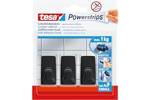 tesa Powerstrips Klebehaken Small Eckig - 3 x selbstklebende Wandhaken - für Kacheln, Glas, Kunststoff und weitere Untergründe - 1 kg Halteleistung - Schwarz