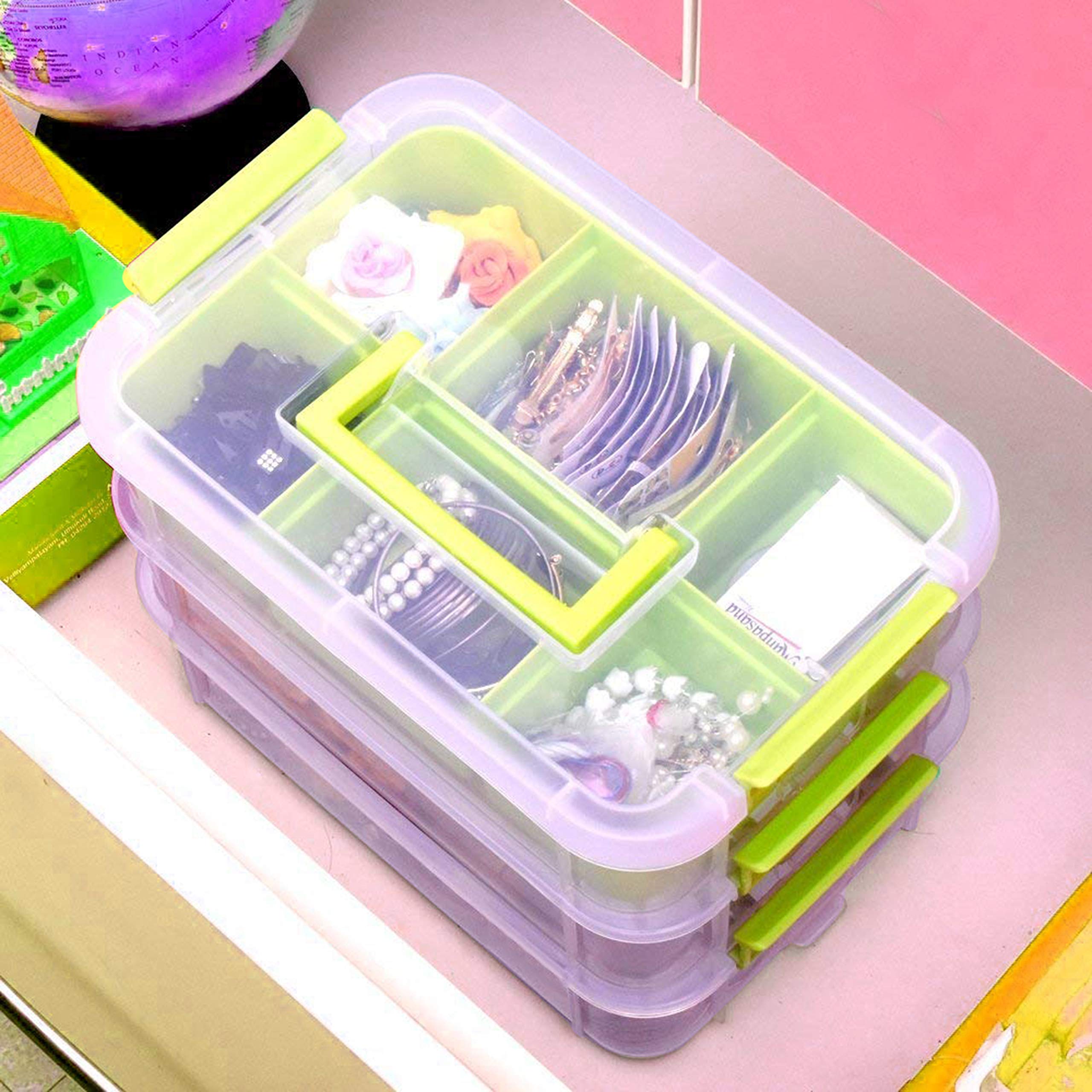ABOUT SPACE 3 Tier Virgin Plastic Carry Box for Storage with Removable Tray - Transparent Medicine Organizer with Lid & Latch Buckles Stackable Box for Stationery (Assorted - L 26 x B 17 x H 19 cm) - Image 6