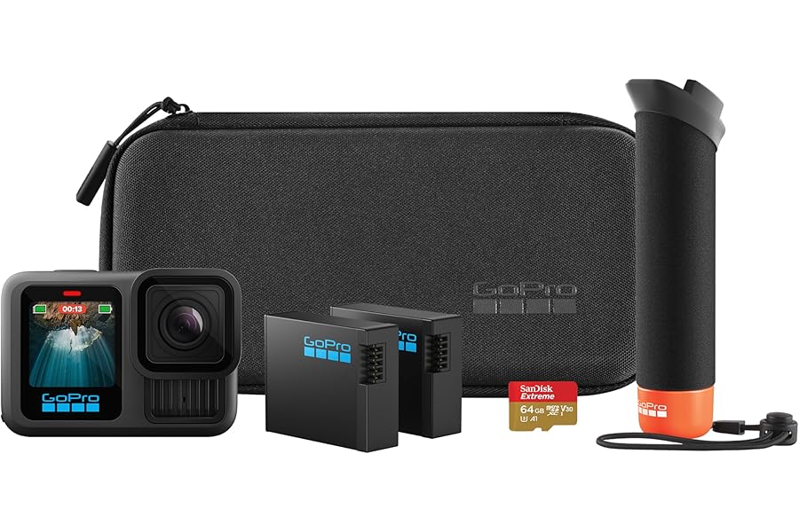 GoPro HERO13 Black Accessory Bundle - Includes The Handler (Floating Hand Grip), 2 Enduro Batteries, 2 Curved Adhesive Mounts, 64GB SanDisk MicroSD Card, Carrying Case, and more