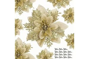BASAMOU 20 Pezzi Fiori Finti Glitter Ornamenti di Natalizi, Fiori di Natale Poinsettia, Fiori Albero Natale Artificiali, Glitter Poinsettia, Fiori Ornamento Alberi Natale Ghirlande (oro)