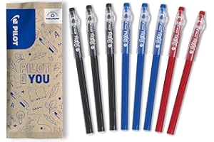 PILOT Caja de 8 Bolígrafos FriXion Ball Stick - Tinta de gel borrable - 3 Azul, 3 Negro, 2 Rojo - Punta Media