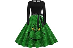 GENERISCH Grinch Kostüm Vintage Weihnachtskleid Damen Swing A Linie Kleid Grinch Merch Langarm Rundhals Cocktailkleid Kleid Weihnachten Elegant 1950s Druck Abendkleid Midikleid Grinch Kleid