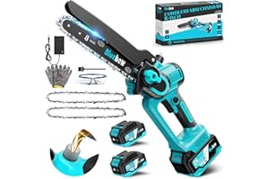 BLUEBOW Brushless Mini Chainsaw Cordless - 8 Inch Electric Saw with Oiler System, Chain Saw with 2×4000mAh Batteries Small Chainsaw with Safety Lock for Cutting Trees Trimming Wood Gardening