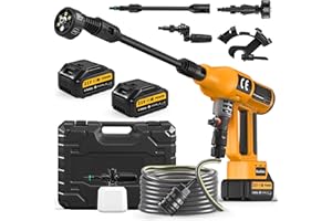 Dibaful Nettoyeur haute pression sans fil 200 bar | Pistolet mobile portable avec 2 batteries de 4000 mAh | Pistolet de lavage sans fil 4 niveaux de débit d'eau réglable 6 en 1 Buse réglable 5 m Tuyau