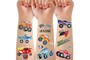 GABIZAFIA 75 piezas de tatuajes temporales de camiones para niños, tatuajes metálicos para fiestas de cumpleaños de camiones - coche de carreras, bandera a cuadros, trofeo, llamas, tatuajes falsos para niños