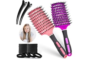 Homfrom Brosse à Cheveux en Poils de Sanglier - Démêlante à Cheveux, 2brosse avec 15 élastique à cheveux & 2 pince à cheveux