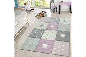 TT Home Rug Children's Room Child's Rug Heart Spots Short Pile Pastel, colour: Grey Purple Cream, Size:200 cm Rund