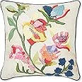 haus & kinder Cotton Decorative Embroidered Cushion Cover | Knitted Chambray Front Throw Pillow Cushion Cover For Sofa Living Room | 16Inch X 16Inch | Embroidered Flower, 260 TC