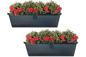 SG Traders Set of 2 Window Box Rattan Flower Troughs Plant Pot Garden Patio Balcony Terrace Box Plastic Flowerpot Balcony Boxes Rattan Planters Perfect for the Terrace, Windowsill, L-53 x H-14 cm