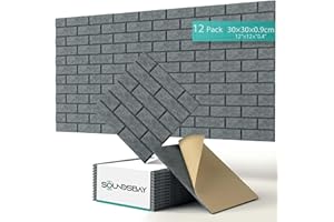 Soundsbay Placas acústicas, autoadhesivas, insonorización, de alta densidad, tipo ladrillo, para tratamiento acústico y decoración de paredes, 30 x 30 x 0,9 cm, gris oscuro, 12 unidades