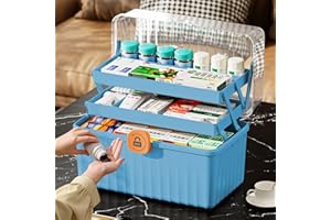 Gemsaya 3 Layer Medicine Storage Box, Large Medicine Storage Box Organiser with Handle, Portable Medical Boxes Storage with Lid, Blue Medication Organizer Remedy Boxes, 32 x 18 x 22cm