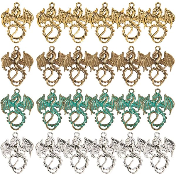 SUNNYCLUE 1 doos 24 stuks 6 stijlen draak bedels hangers voor sieraden halsketting armband maken accessoires, 35 mm draak hangers voor vrouwen mannen, loodvrij