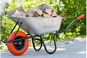 TIREX by xonic® Schubkarre mit Stahlfelge – Verzinkte Wanne bis 250kg/ 100l - Robuste Ausführung für Garten und BAU – Schieb-Karre mit PU Vollgummi-Rad (Rot- Silber)