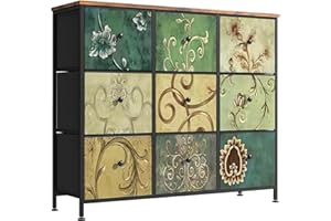 BHFFTHK Cómoda con 9 Cajones de Tela,Cómoda para Dormitorio,Unidad de Almacenamiento,Armario de Tocador Bohemio,Cajonera Industrial con Estructura Metálica,para Salón,Pasillo,Estilo Rústico