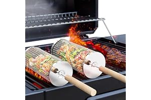 ivtivfu Panier à Barbecue Roulant, Poignée Détachable, Acier Inoxydable 304, Gigogne, Accessoires Grille à Legumes, Ustensiles Grill de Cuisine Exterieur Camping, Cadeau Anniversaire Homme Papa