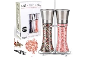 GIOVARA Set macina sale e macina pepe, macina sale e spezie con macina regolabile in ceramica, 2 pezzi da 200 ml in vetro per macinare le spezie con spazzola per la pulizia, per conservare varie spezie