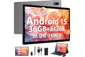 PIXPEAK 2K Android 15 Tablet 14 Pouces, 36GB RAM, 512GB ROM (2TB Expansion), 4G SIM LTE & 5G WiFi, 2000 * 1200, 11580mAh, Octa-Core 2.0GHz, 13MP+8MP, Tablette avec Clavier/GPS/Bluet 5.0 (Gris)
