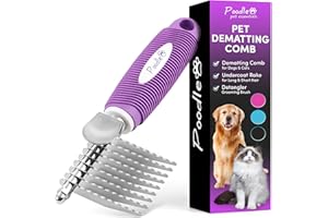 POODLIE Poodle Pet Dematting Fur Rake Comb Brush Tool with Long 2.5” Steel Safety Blades for Detangling Matted or Knotted Undercoat Hair, Safe Grooming Accessories for Dogs, Longhaired Cats, Rabbits, Horses