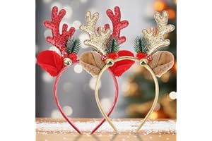 PEOVLVN 2 Pcs Christmas Headbands for Adults, Glitter Christmas Headband Antler Headband with Bell Hair Accessories for Holiday Party Decorations Costume Accessory