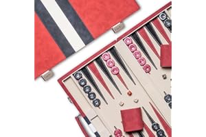 Lingle Jeux de Backgammon de 38cm pour Adultes, Jeu de société Classique avec étui de Backgammon Pliable en Cuir, Ensemble de Voyage Portable (Red)