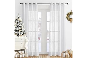 PONY DANCE Linen Look Voile Curtains - White Net Curtains for Windows 55 x 86 Inches for Living Room/Bedroom/French Door, Woven Eyelet Voile Sheer Panels Semi Transparent Window Treatment, Set of 2