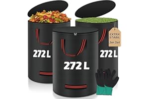Miaglury 3X 272L Gartensack Laubsack Gartenabfallsack Stabil mit Deckel inkl. Handschuh - Groß & Reißfest & Wasserdicht Laubsäcke Gartensäcke für Gartenabfälle und Kommunen Gras Laub Hecke Schwarz