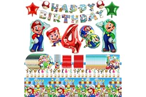DEREINE Super Mario Geburtstagsdeko Partygeschirr Set,94pcs Pappteller Kindergeburtstag,Deko 4. Geburtstag für Jungen Mädchen,Luftballon Geburtstag Party set mit Teller,Serviette,Tischdecke,Banner,Tortendeko
