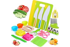 HERBBREE 26Pieces Kids Kitchen Knife Set, Toddler Safe Knife Set for Real Cooking, Montessori Kitchen Tools with Kids Cutting Board Crinkle Cutter Peeler, Mini Chef for 3-10 Year Old Toddler Birthday Gift