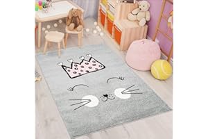 ‎CARPET CITY carpet city Kinderteppich Bubble Kids Flachflor mit Katze und Krone in Grau für Kinderzimmer; Größe: 120x160 cm