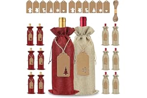 SKYAYA Christmas Bottle Bags for Wine Gifts Burlap 12 Pcs, Christmas Wine Bags Gift Jute with Drawstring Tags Reusable, Xmas Bottle Covers for Table Decoration at Xmas Valentine's Day Wedding