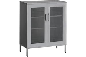 HOMSTEEL Aufbewahrungsschrank aus Metall, Sideboard-Schrank mit Gittertüren, Schnapsschrank mit verstellbaren Einlegeböden für Küche, Wohnzimmer, Home Office, Silber Weiß