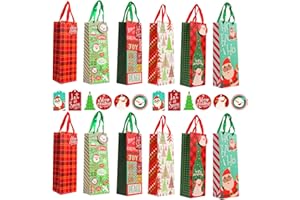 VEYLIN Bottle Gift Bags, 12 Pack Colorful Christmas Wine Gift Bag with Handle and 12 Tags for Winter Holiday Party Decoration