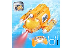 Weslery Jouets de Bateau RC pour garçons et Filles, Bateau à Moteur télécommandé Rechargeable 2,4 GHz avec pulvérisation d'eau/lumière à Double hélices, Jouets de Piscine sous-Marine (Yellow)