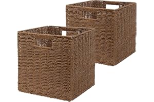 Aluusy Panier Rangement Tressé, Lot de 2 Cube Rangement Pliable en Papier de Jacinthe d'eau, Panier pour étagère Kallax, Bureau, Chambre, Panier pour Vêtements Jouets Magazines 28x28x28cm