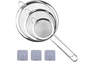EASYKEENECOM 3 Piezas Coladores de Cocina Acero Inoxidable, Colador de Malla Fina con Manija, Tamiz de Harina para Alimentos, Vegetales, Harina y Pasta (8/12/16 cm)